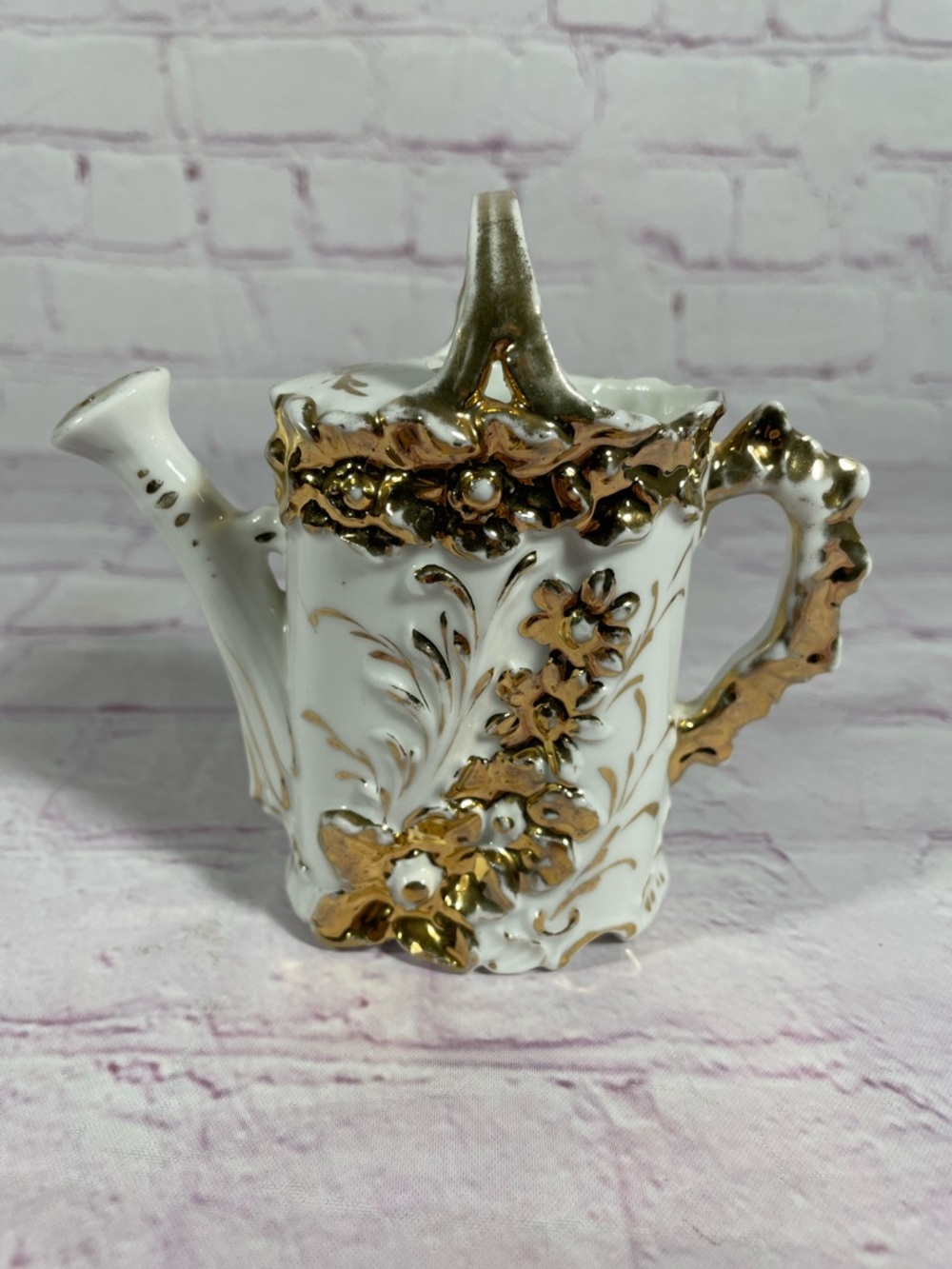 Vintage White and Gold Floral Watering Can Porcelain Flower Vase